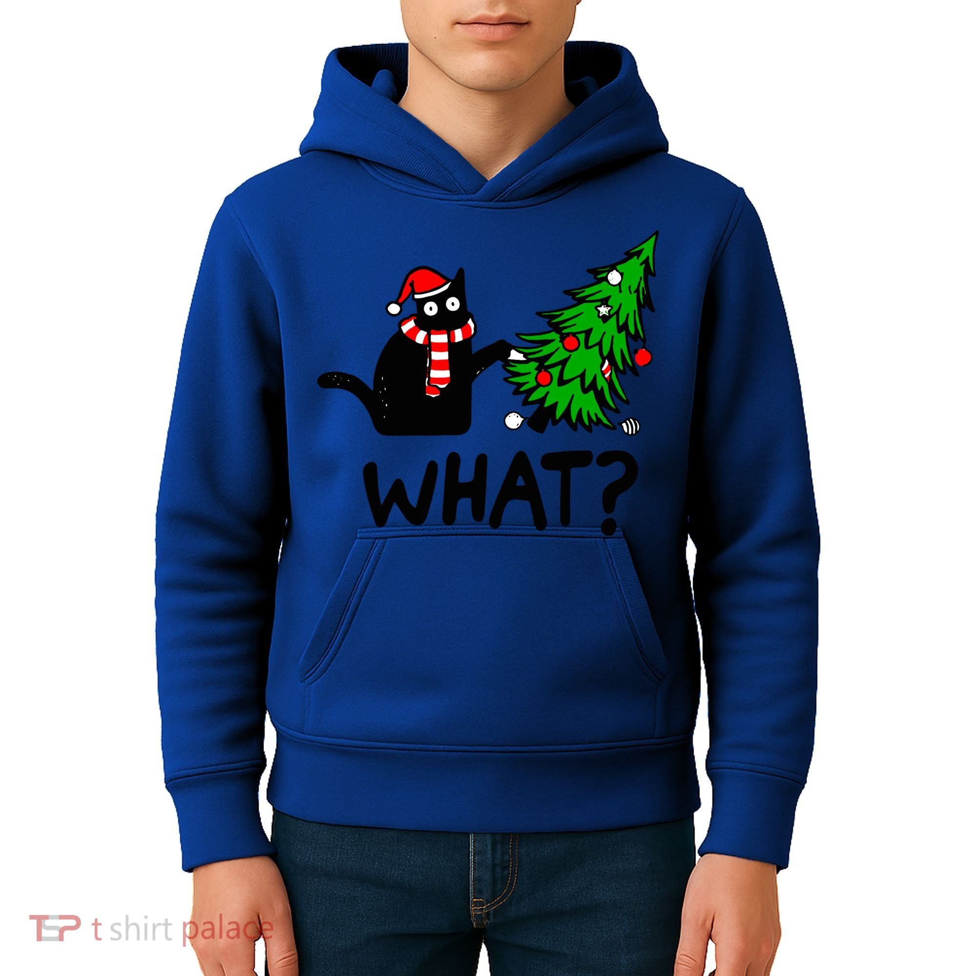 Funny Black Cat Gift Pushing Christmas Tree Over Cat What? Gift Kids Hoodie