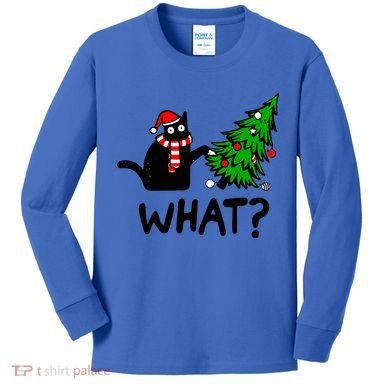 Funny Black Cat Gift Pushing Christmas Tree Over Cat What? Gift Kids Long Sleeve Shirt