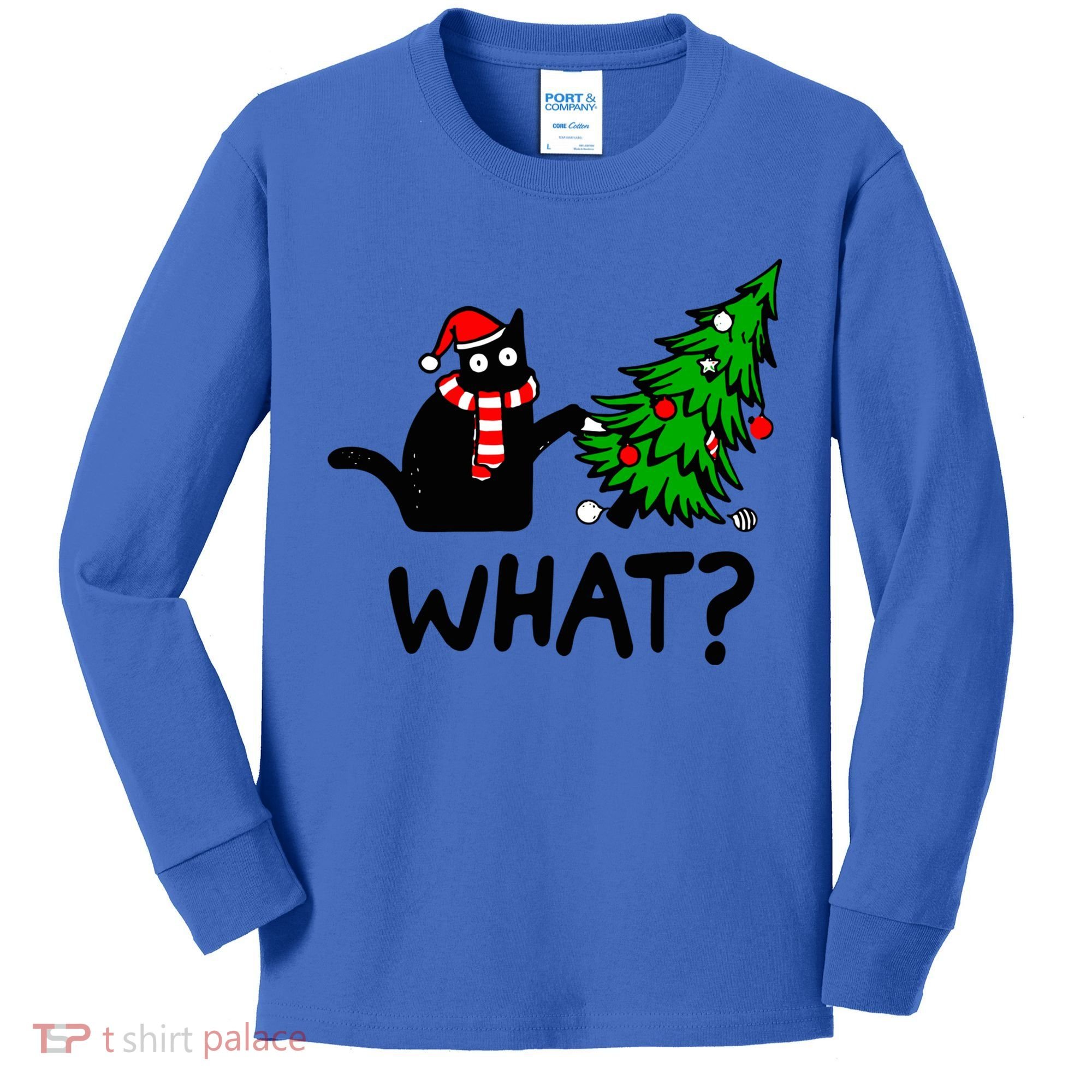 Funny Black Cat Gift Pushing Christmas Tree Over Cat What? Gift Kids Long Sleeve Shirt