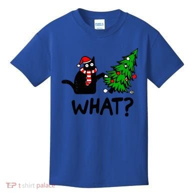 Funny Black Cat Gift Pushing Christmas Tree Over Cat What? Gift Kids T-Shirt