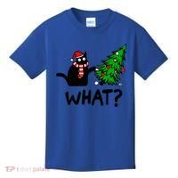 Funny Black Cat Gift Pushing Christmas Tree Over Cat What? Gift Kids T-Shirt thumb 0