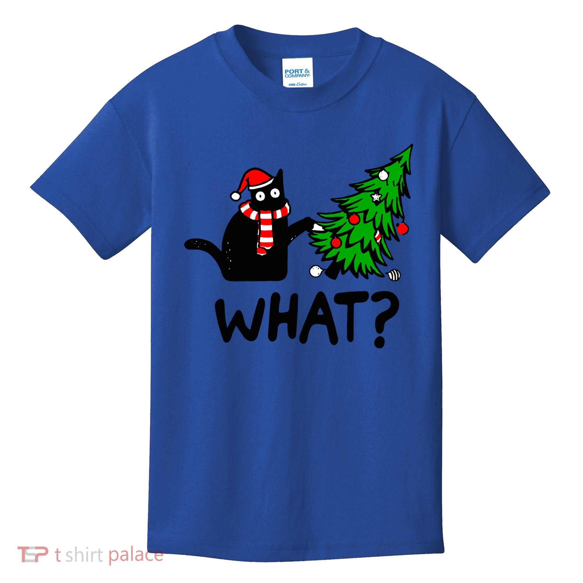 Funny Black Cat Gift Pushing Christmas Tree Over Cat What? Gift Kids T-Shirt