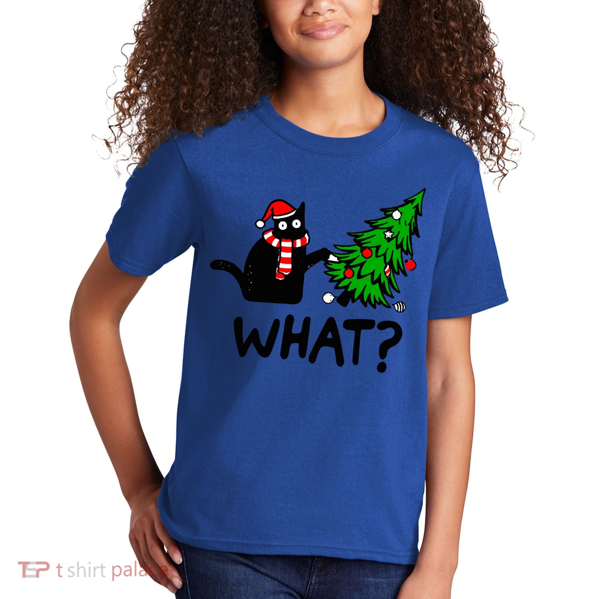 Funny Black Cat Gift Pushing Christmas Tree Over Cat What? Gift Kids T-Shirt