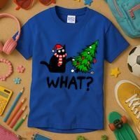 Funny Black Cat Gift Pushing Christmas Tree Over Cat What? Gift Kids T-Shirt thumb 3