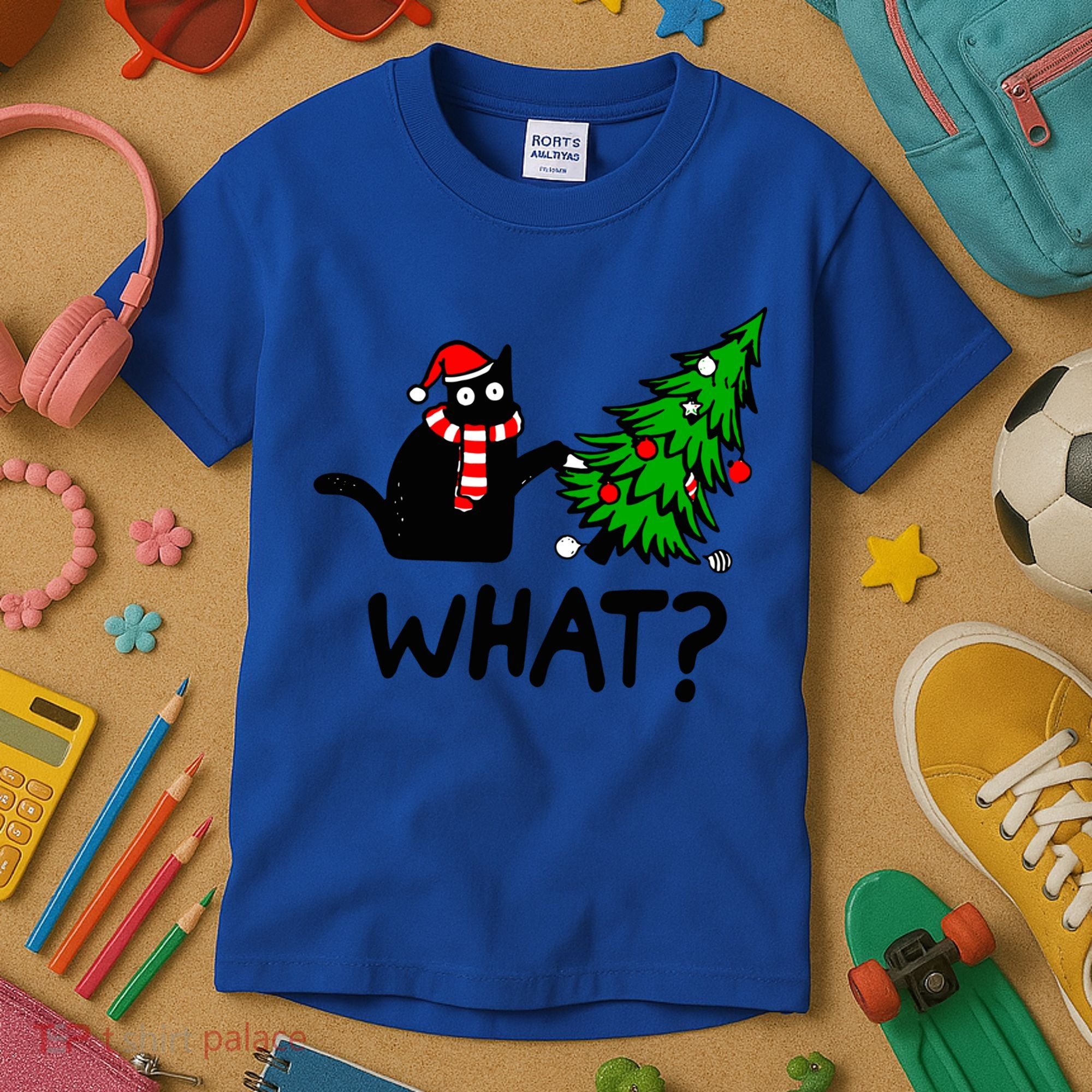 Funny Black Cat Gift Pushing Christmas Tree Over Cat What? Gift Kids T-Shirt