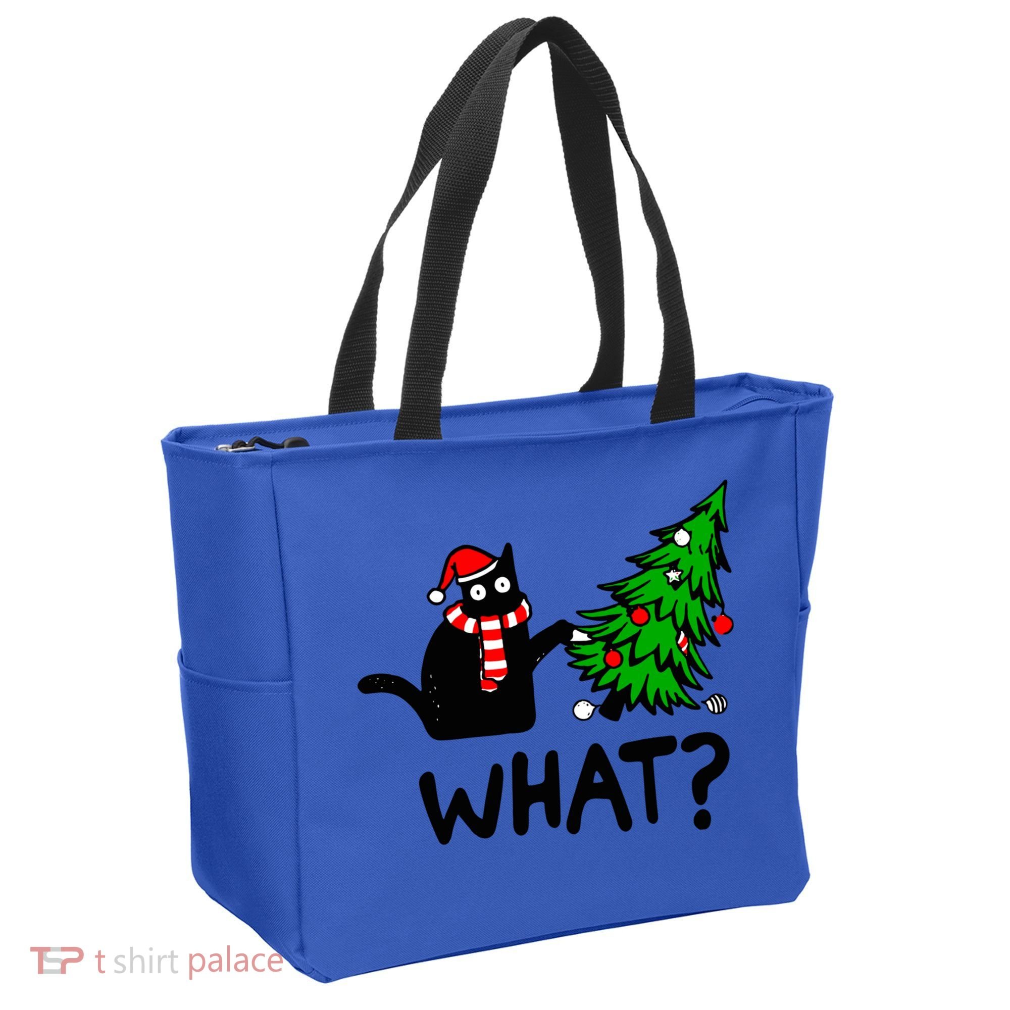 Funny Black Cat Gift Pushing Christmas Tree Over Cat What? Gift Tote Bag