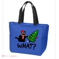 Funny Black Cat Gift Pushing Christmas Tree Over Cat What? Gift Tote Bag thumb 3