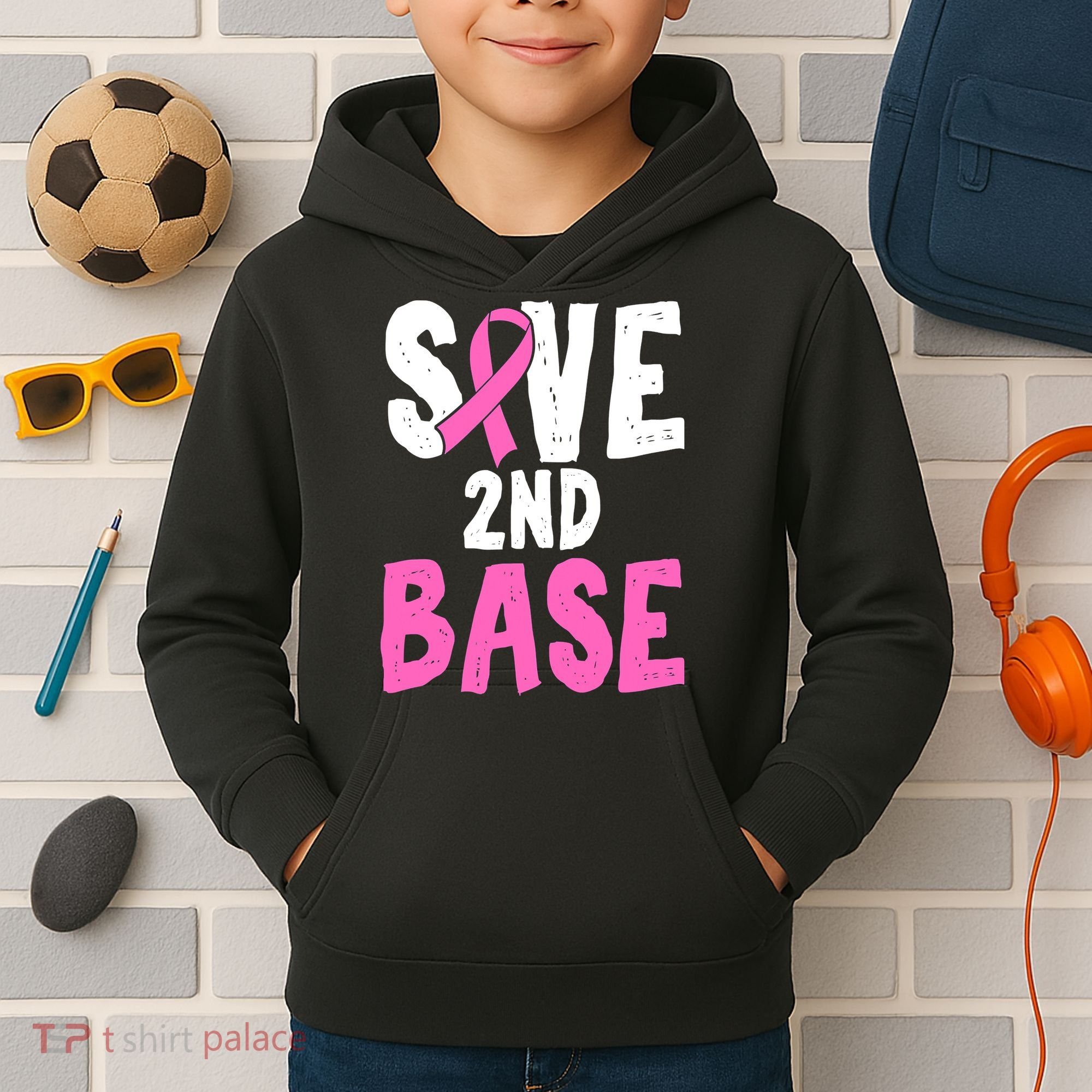 Funny Breast Cancer Awareness Month Save Second 2nd Base Kids Hoodie