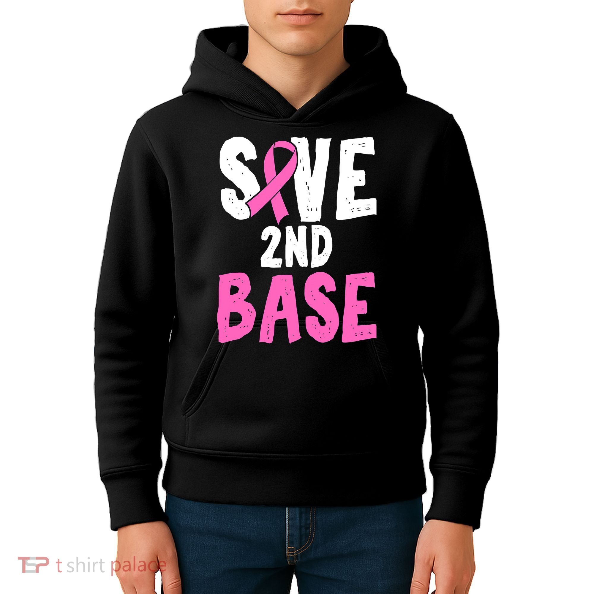 Funny Breast Cancer Awareness Month Save Second 2nd Base Kids Hoodie