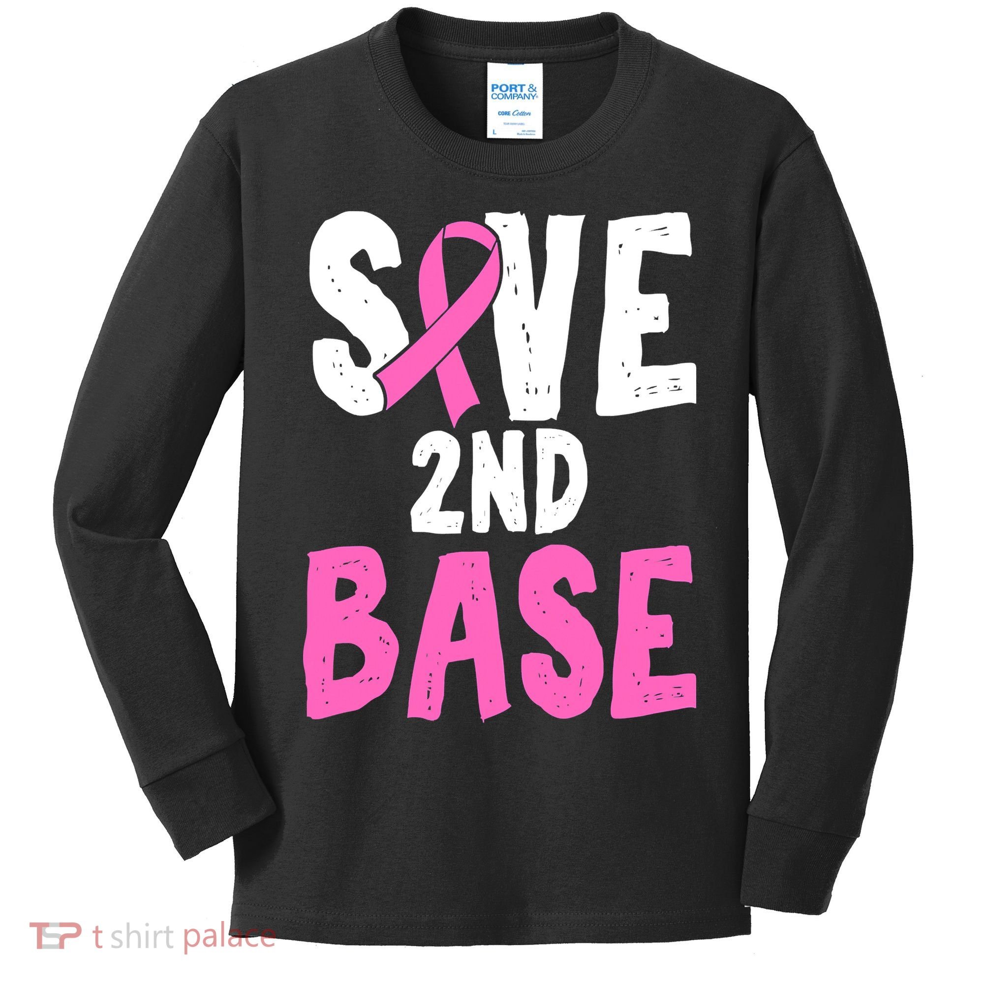 Funny Breast Cancer Awareness Month Save Second 2nd Base Kids Long Sleeve Shirt