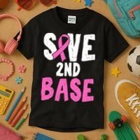 Funny Breast Cancer Awareness Month Save Second 2nd Base Kids T-Shirt thumb 3