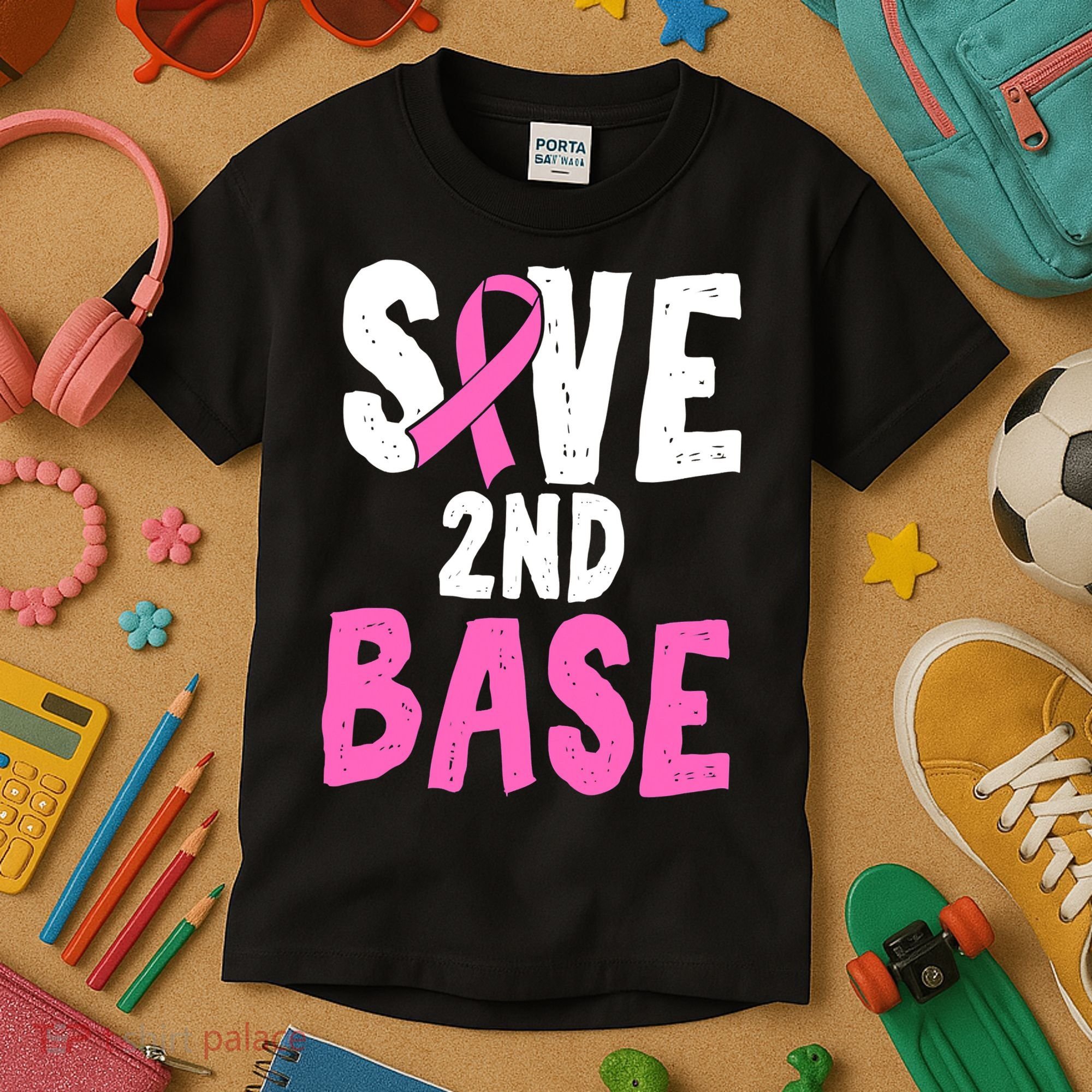Funny Breast Cancer Awareness Month Save Second 2nd Base Kids T-Shirt