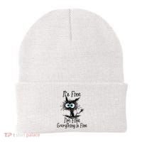 Funny Black Cat ItS Fine IM Fine Everything Is Fine Beanie thumb 0