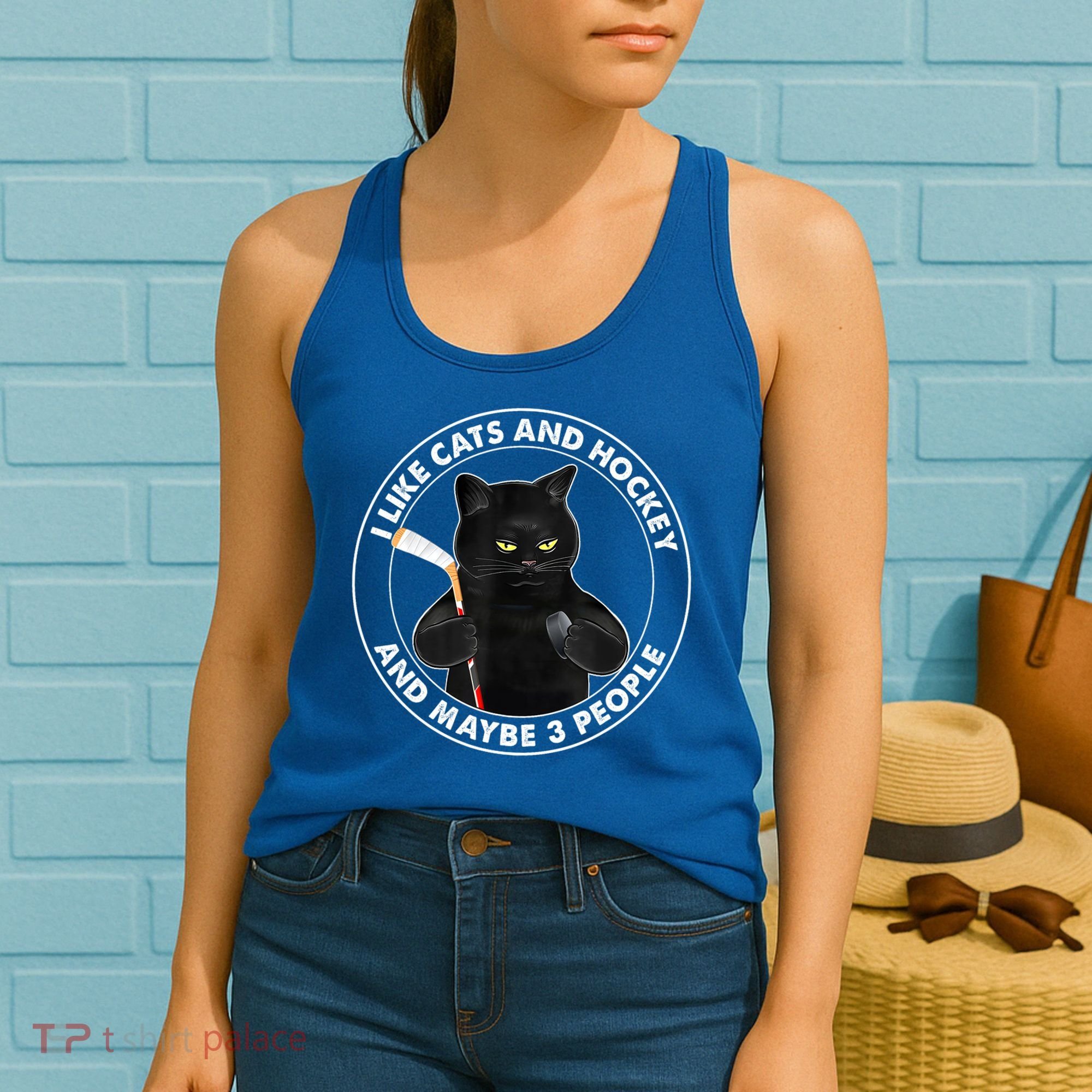 Funny Black Cat I Like Cats And Hockey And Maybe 3 People Gift Women's Tank Top