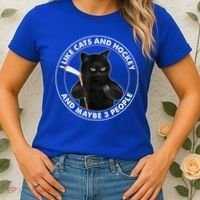 Funny Black Cat I Like Cats And Hockey And Maybe 3 People Gift Women's T-Shirt thumb 2