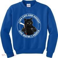 Funny Black Cat I Like Cats And Hockey And Maybe 3 People Gift Kids Sweatshirt thumb 0