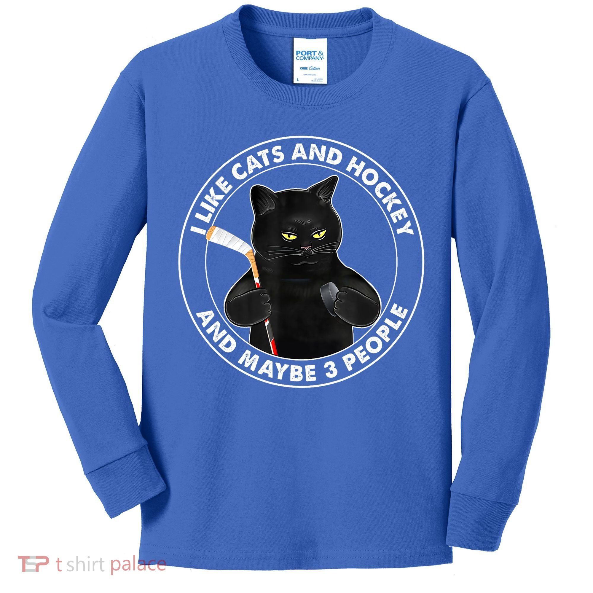 Funny Black Cat I Like Cats And Hockey And Maybe 3 People Gift Kids Long Sleeve Shirt