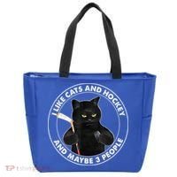 Funny Black Cat I Like Cats And Hockey And Maybe 3 People Gift Tote Bag thumb 0