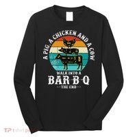 Funny BBQ DAD A Pig A Chicken And A Cow Walk into a BarBQ Long Sleeve Shirt thumb 0