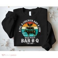 Funny BBQ DAD A Pig A Chicken And A Cow Walk into a BarBQ Sweatshirt thumb 2