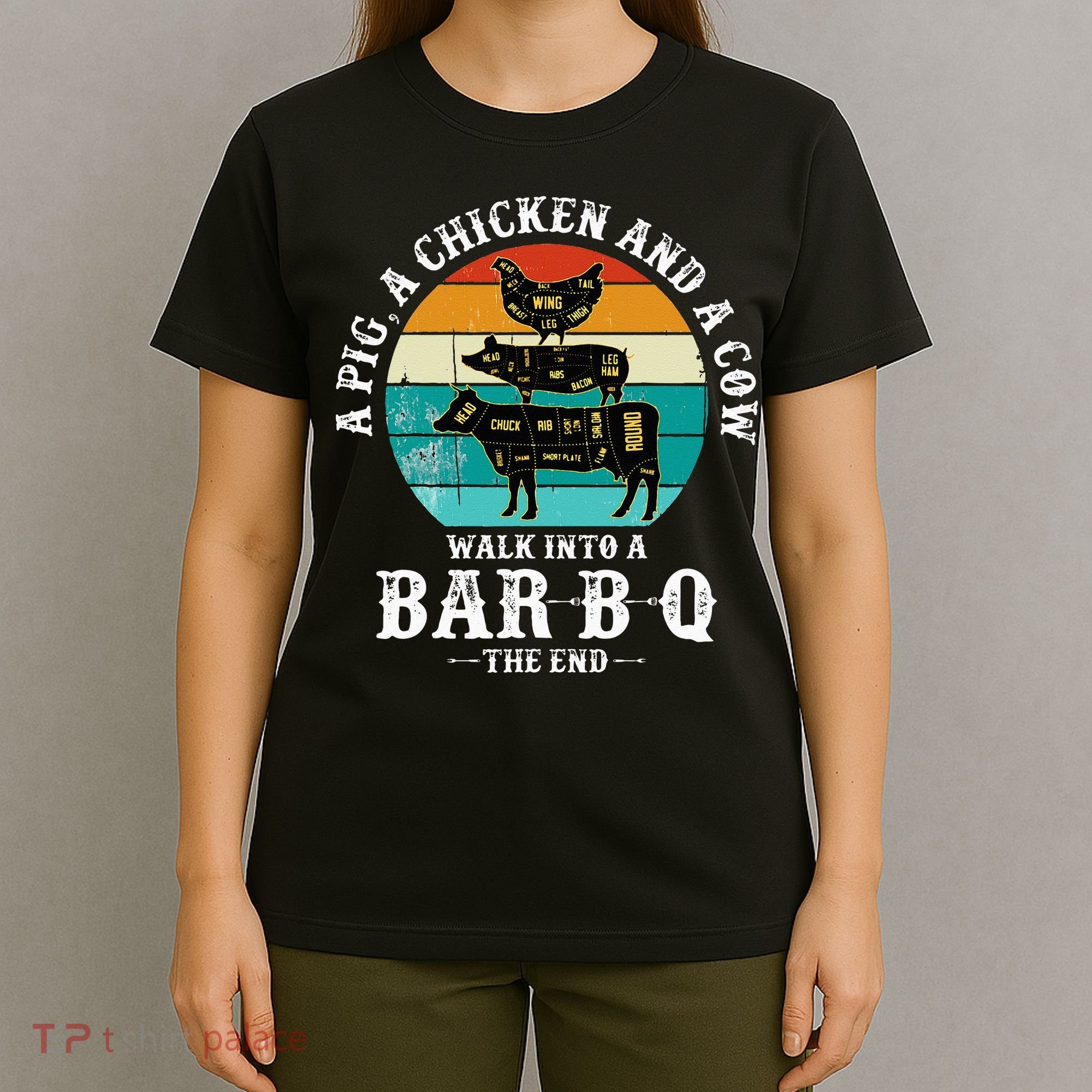 Funny BBQ DAD A Pig A Chicken And A Cow Walk into a BarBQ T-Shirt