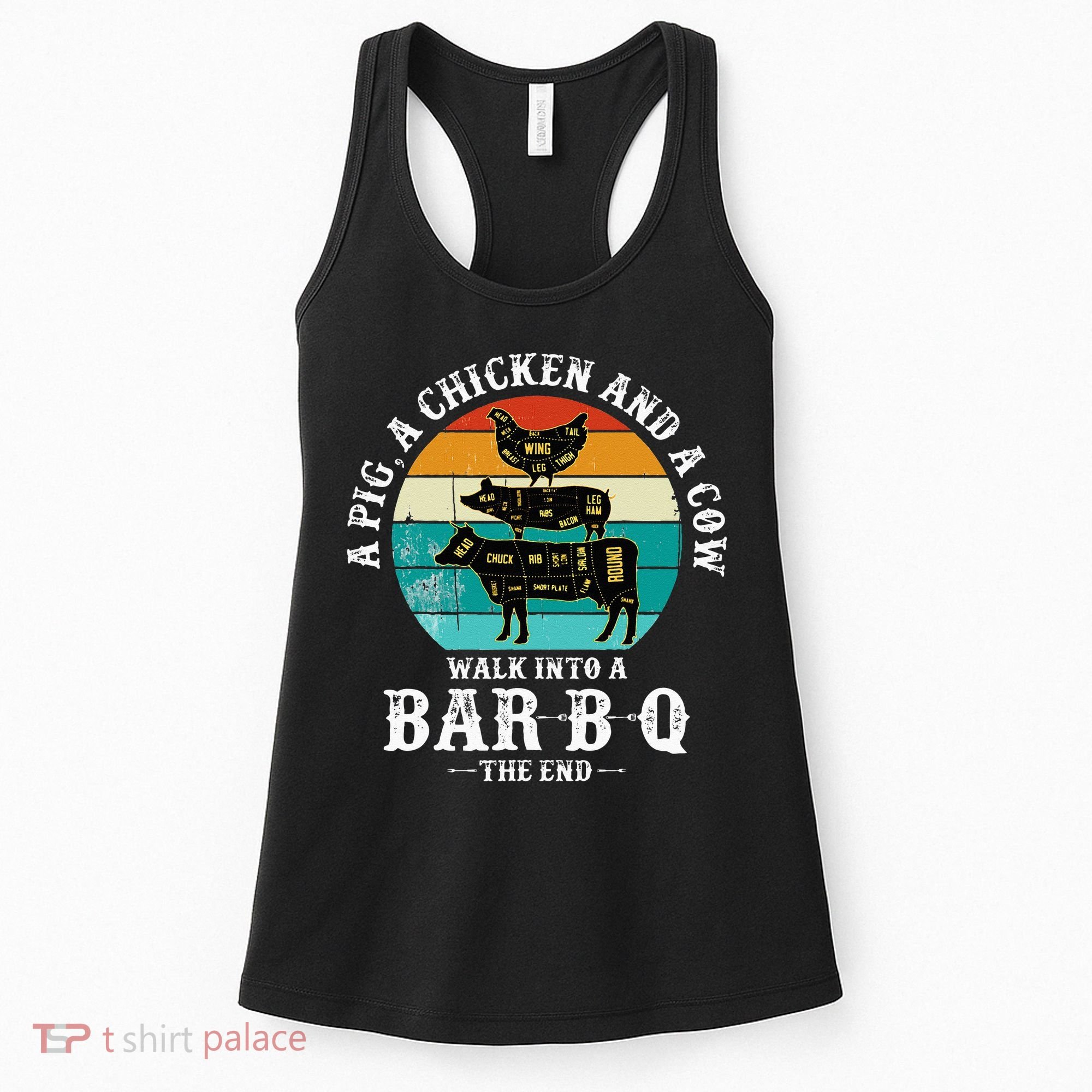 Funny BBQ DAD A Pig A Chicken And A Cow Walk into a BarBQ Women's Tank Top