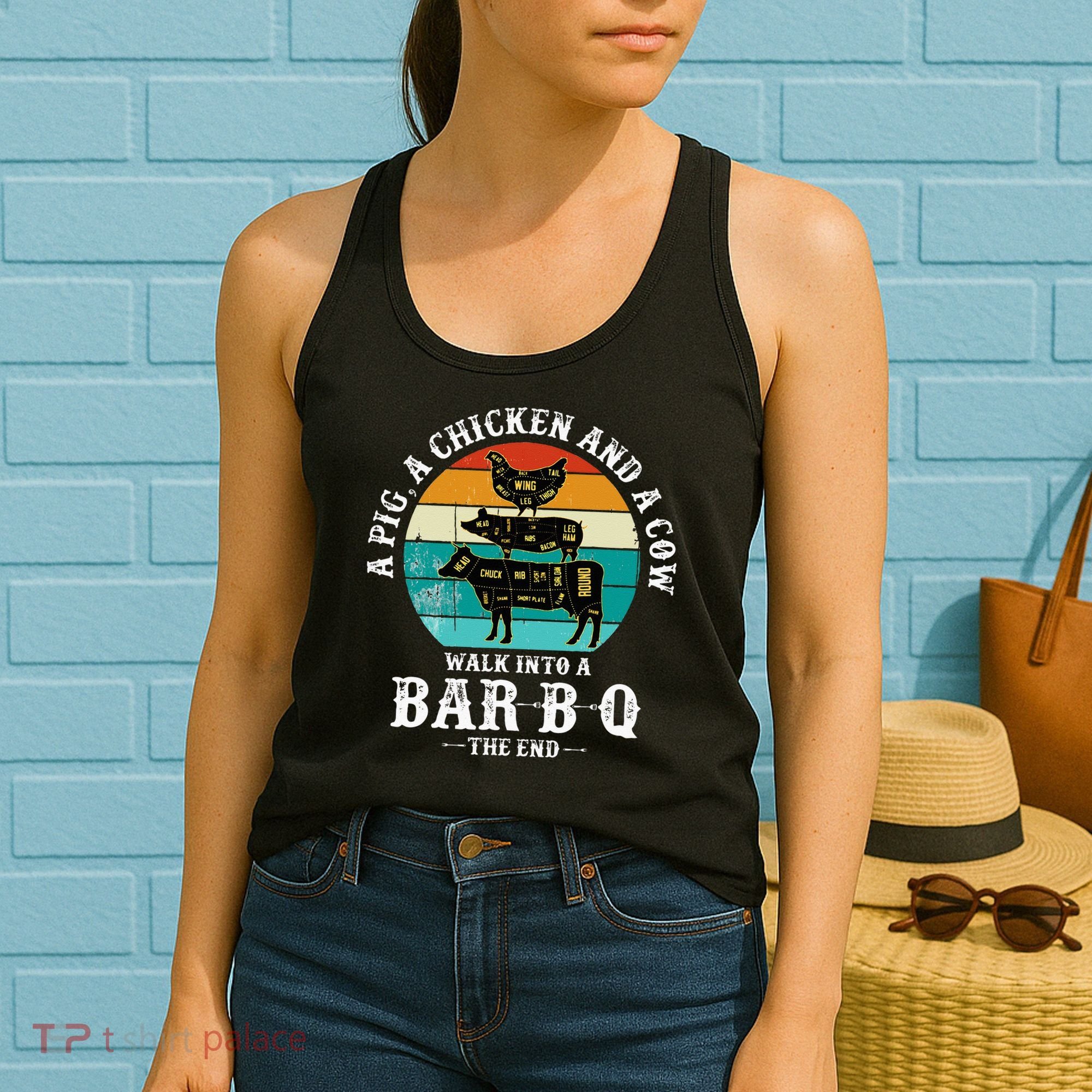 Funny BBQ DAD A Pig A Chicken And A Cow Walk into a BarBQ Women's Tank Top