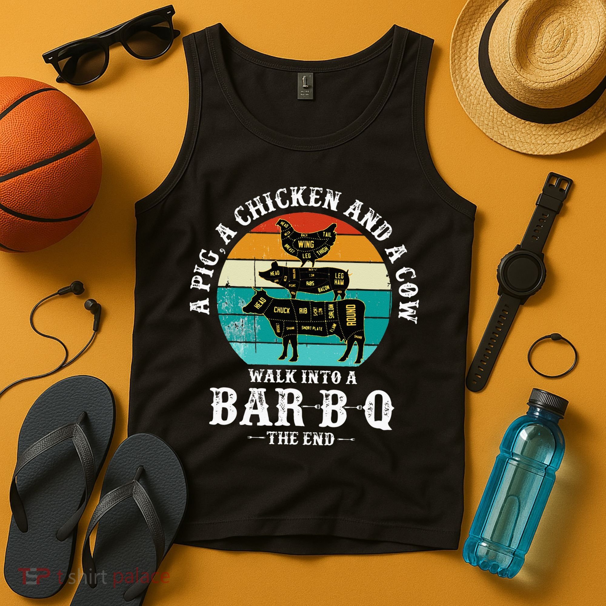 Funny BBQ DAD A Pig A Chicken And A Cow Walk into a BarBQ Tank Top