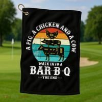 Funny BBQ DAD A Pig A Chicken And A Cow Walk into a BarBQ Golf Towel thumb 1