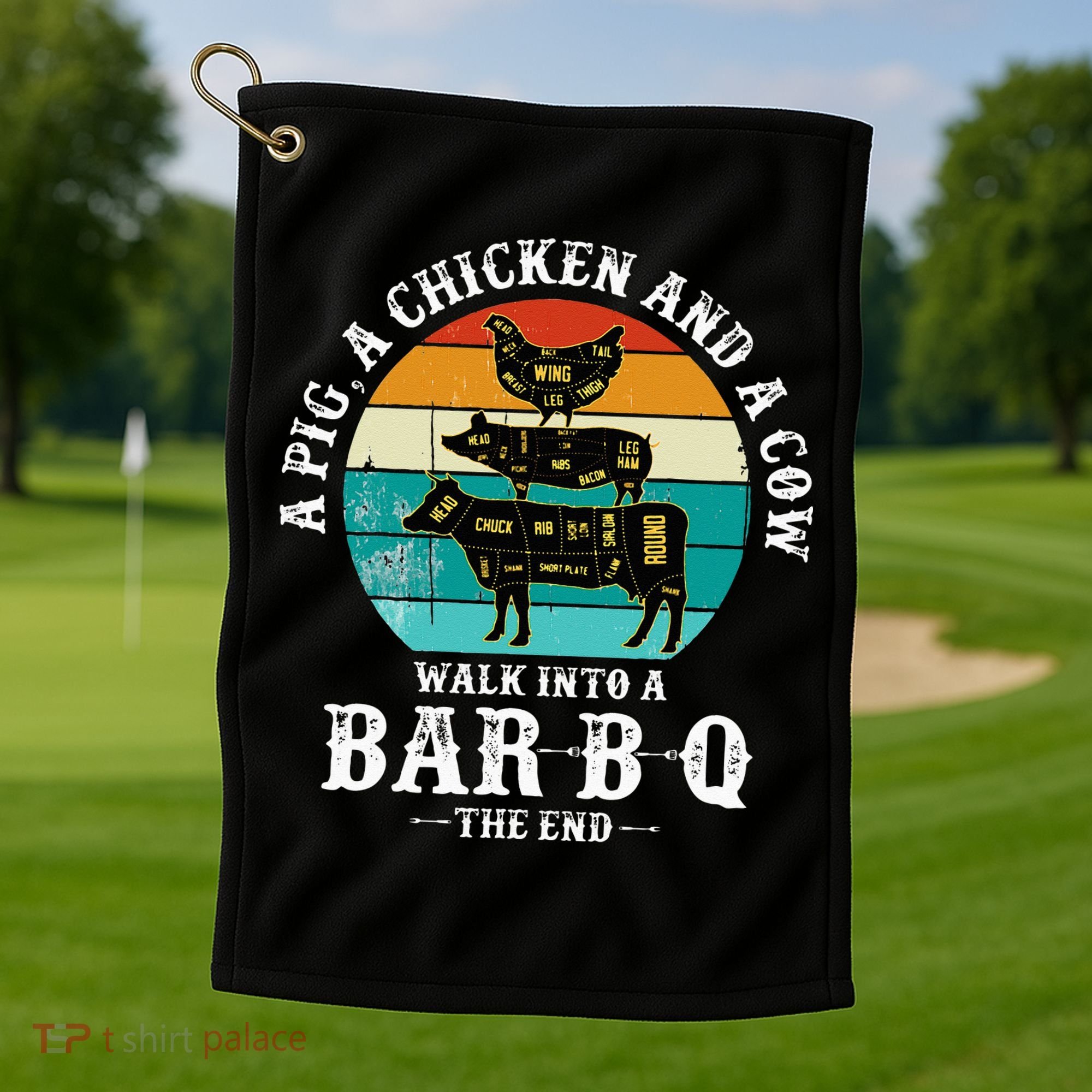 Funny BBQ DAD A Pig A Chicken And A Cow Walk into a BarBQ Golf Towel