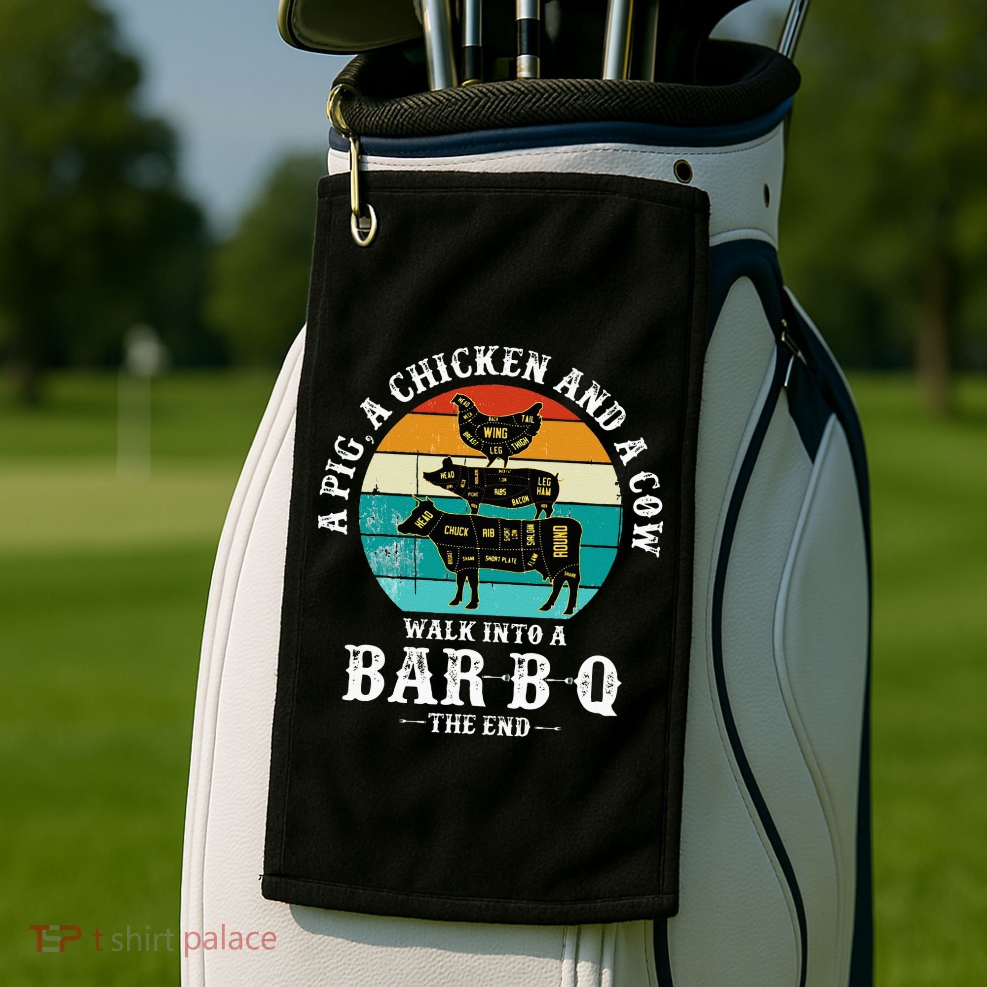 Funny BBQ DAD A Pig A Chicken And A Cow Walk into a BarBQ Golf Towel
