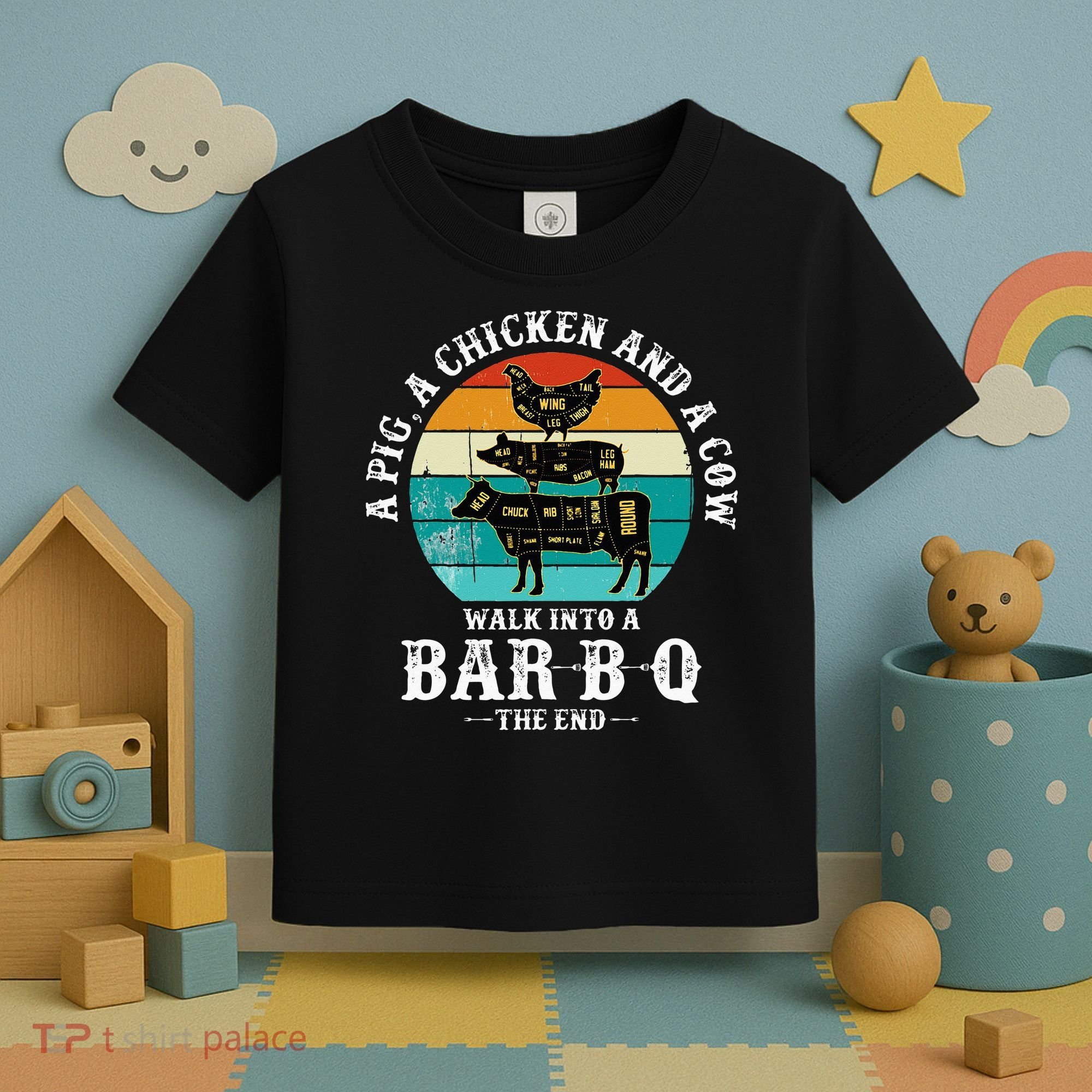 Funny BBQ DAD A Pig A Chicken And A Cow Walk into a BarBQ Toddler T-Shirt