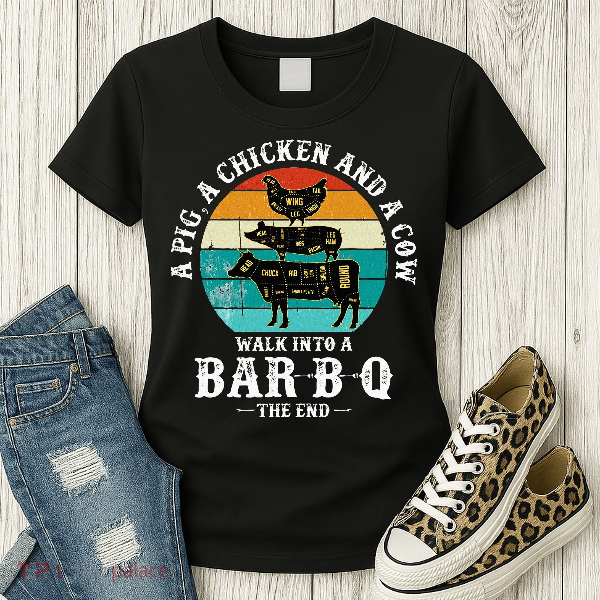 Funny BBQ DAD A Pig A Chicken And A Cow Walk into a BarBQ Women's T-Shirt