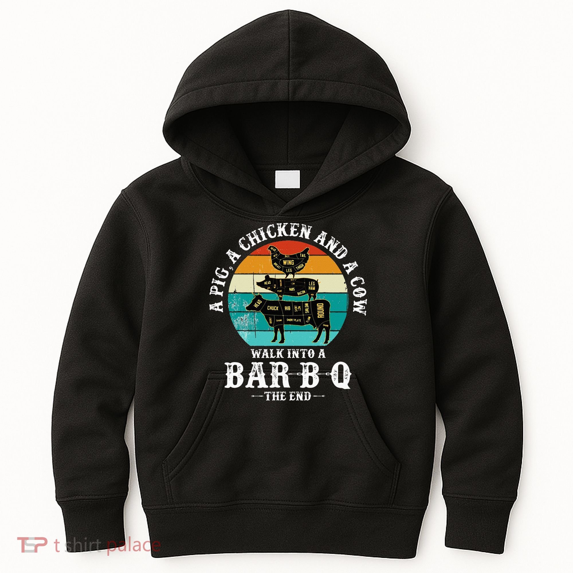 Funny BBQ DAD A Pig A Chicken And A Cow Walk into a BarBQ Kids Hoodie