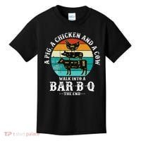 Funny BBQ DAD A Pig A Chicken And A Cow Walk into a BarBQ Kids T-Shirt thumb 0