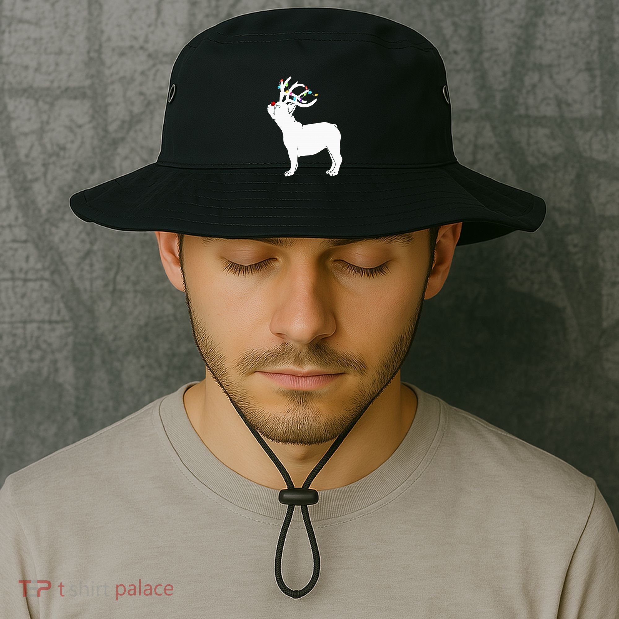 French bulldog Dog Reindeer Lights Plaid Santa Hat Christmas Bucket Hat