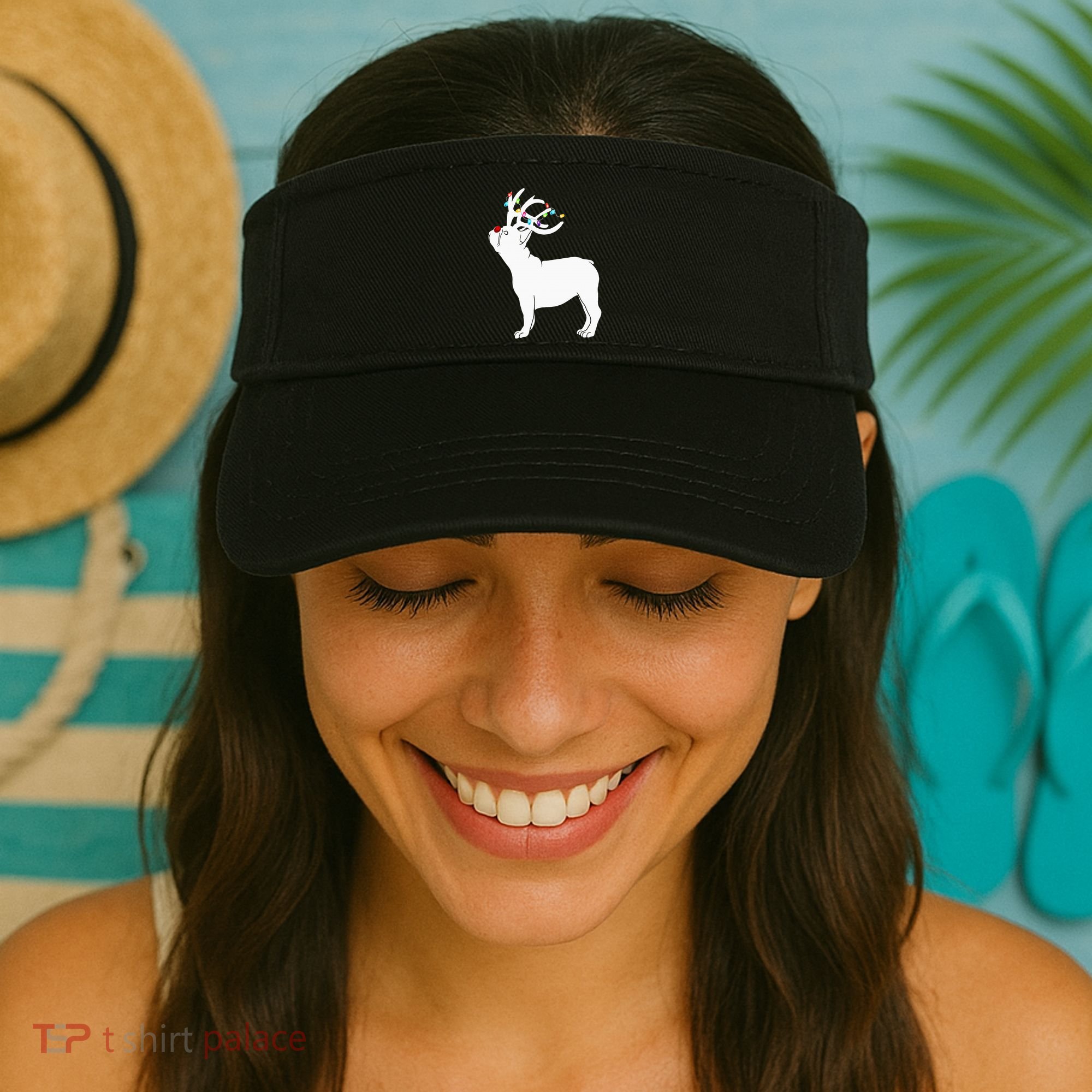 French bulldog Dog Reindeer Lights Plaid Santa Hat Christmas Visor