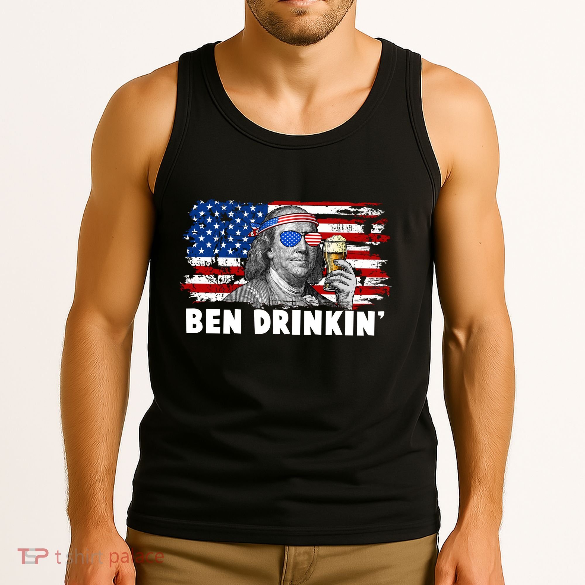 Funny Ben Drinkin USA American Flag Tank Top
