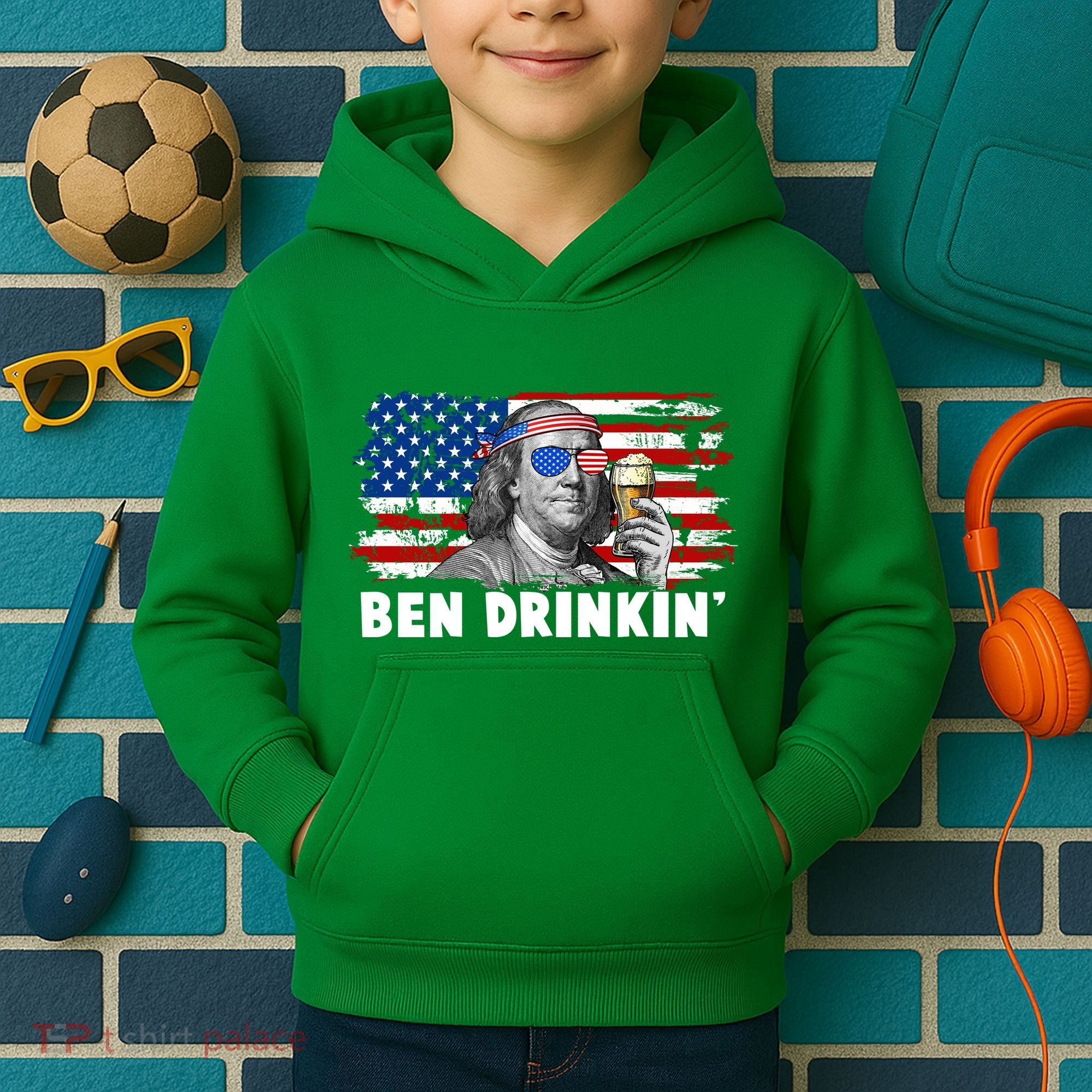 Funny Ben Drinkin USA American Flag Kids Hoodie