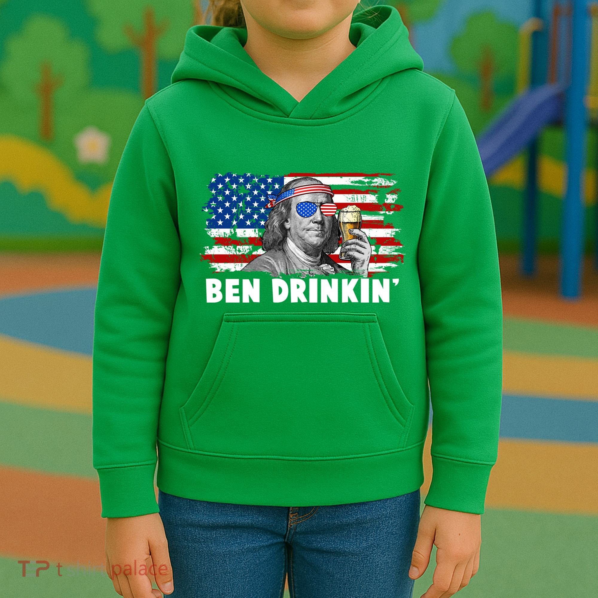 Funny Ben Drinkin USA American Flag Kids Hoodie