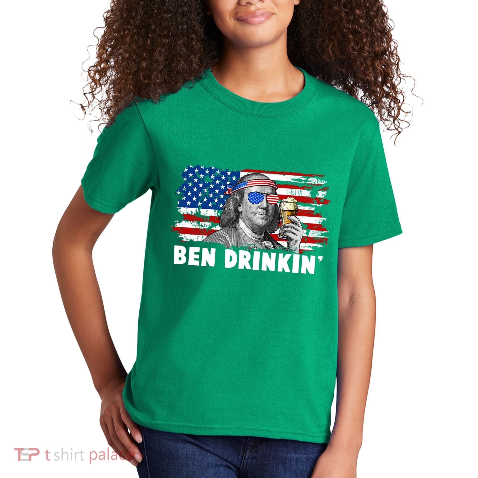 Funny Ben Drinkin USA American Flag Kids T-Shirt