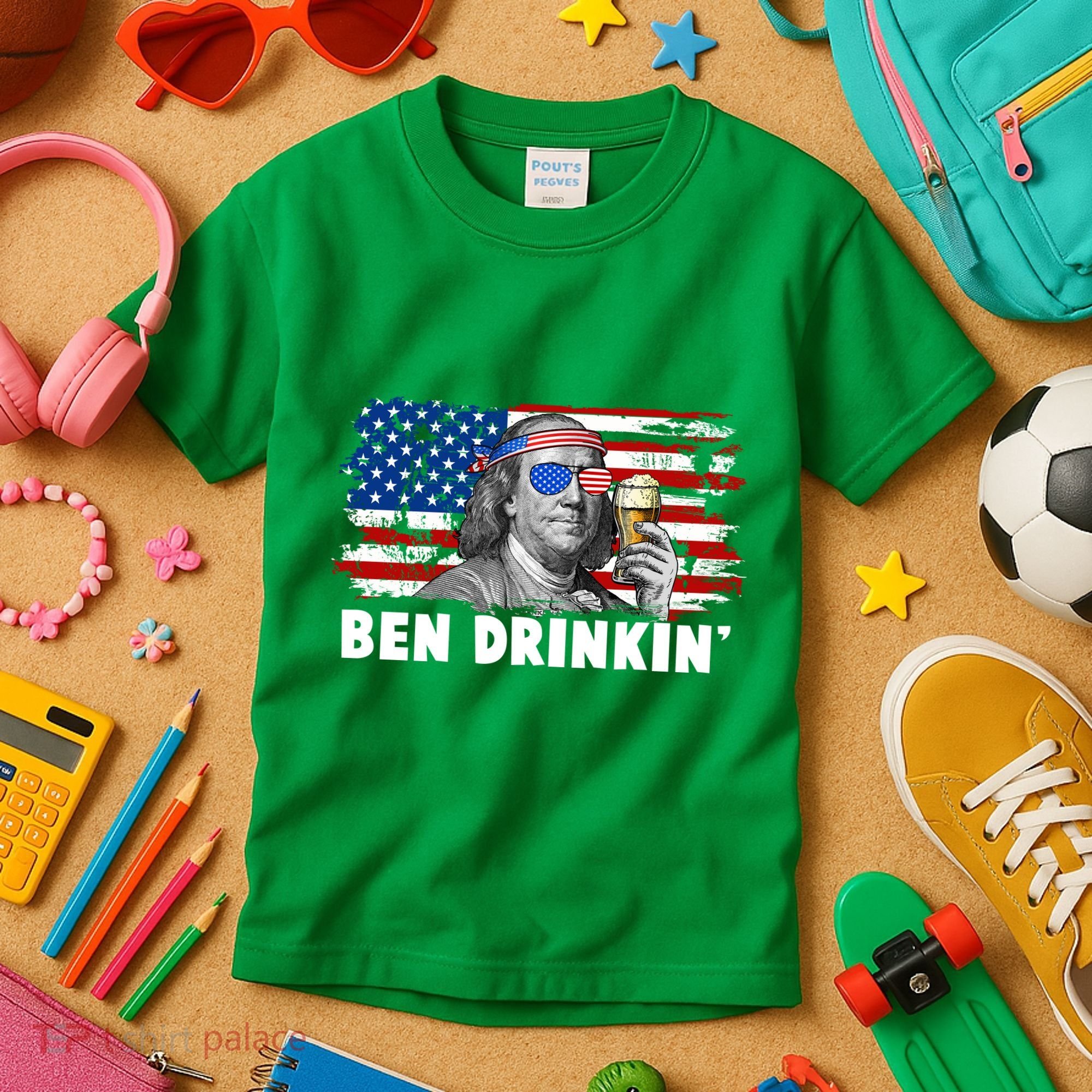 Funny Ben Drinkin USA American Flag Kids T-Shirt