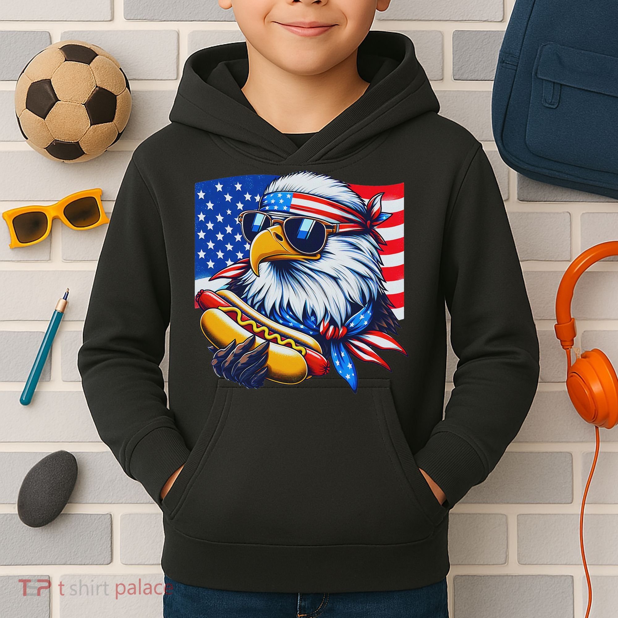 Funny Bald Eagle Hotdog American Flag 4th Of July Patriotic Kids Hoodie