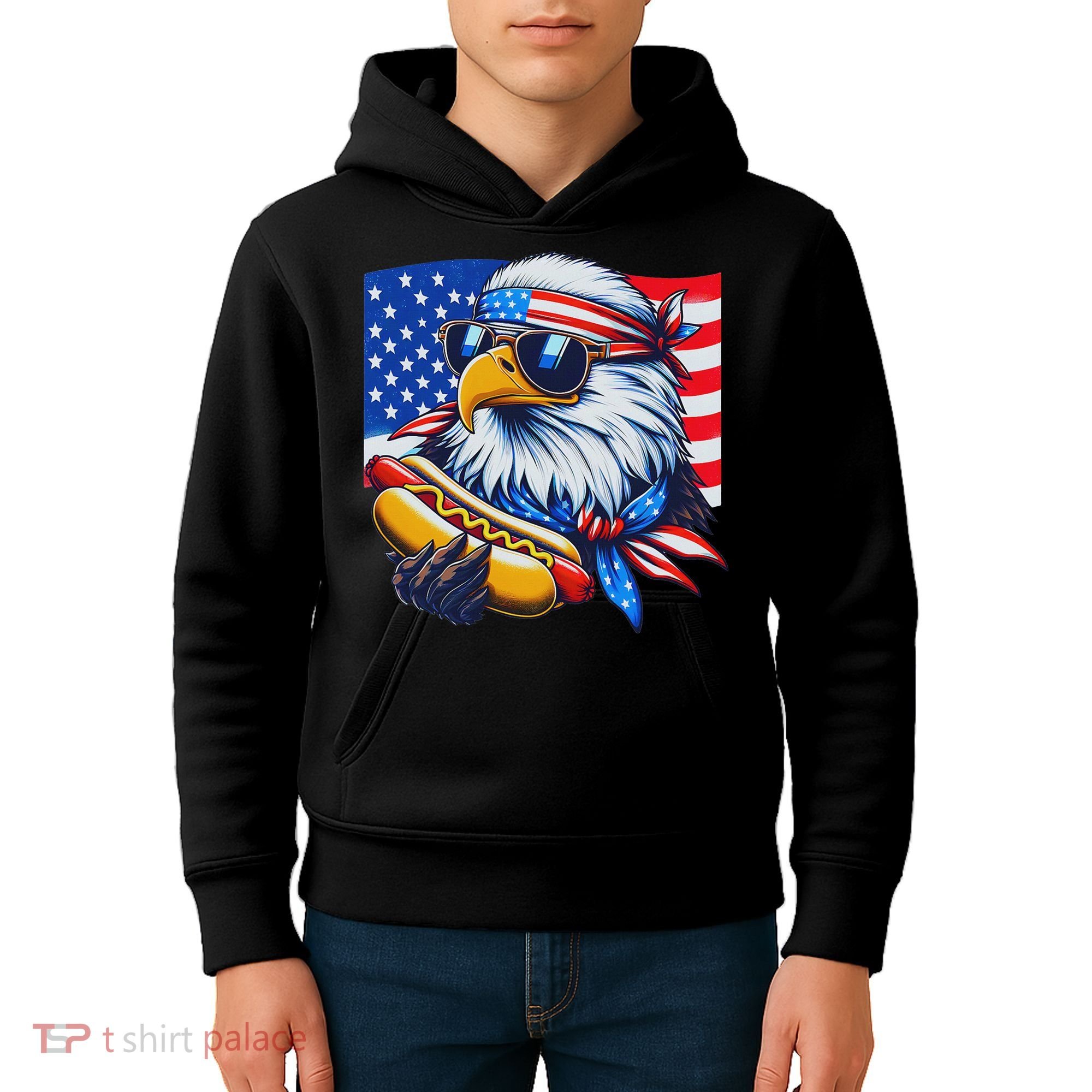Funny Bald Eagle Hotdog American Flag 4th Of July Patriotic Kids Hoodie