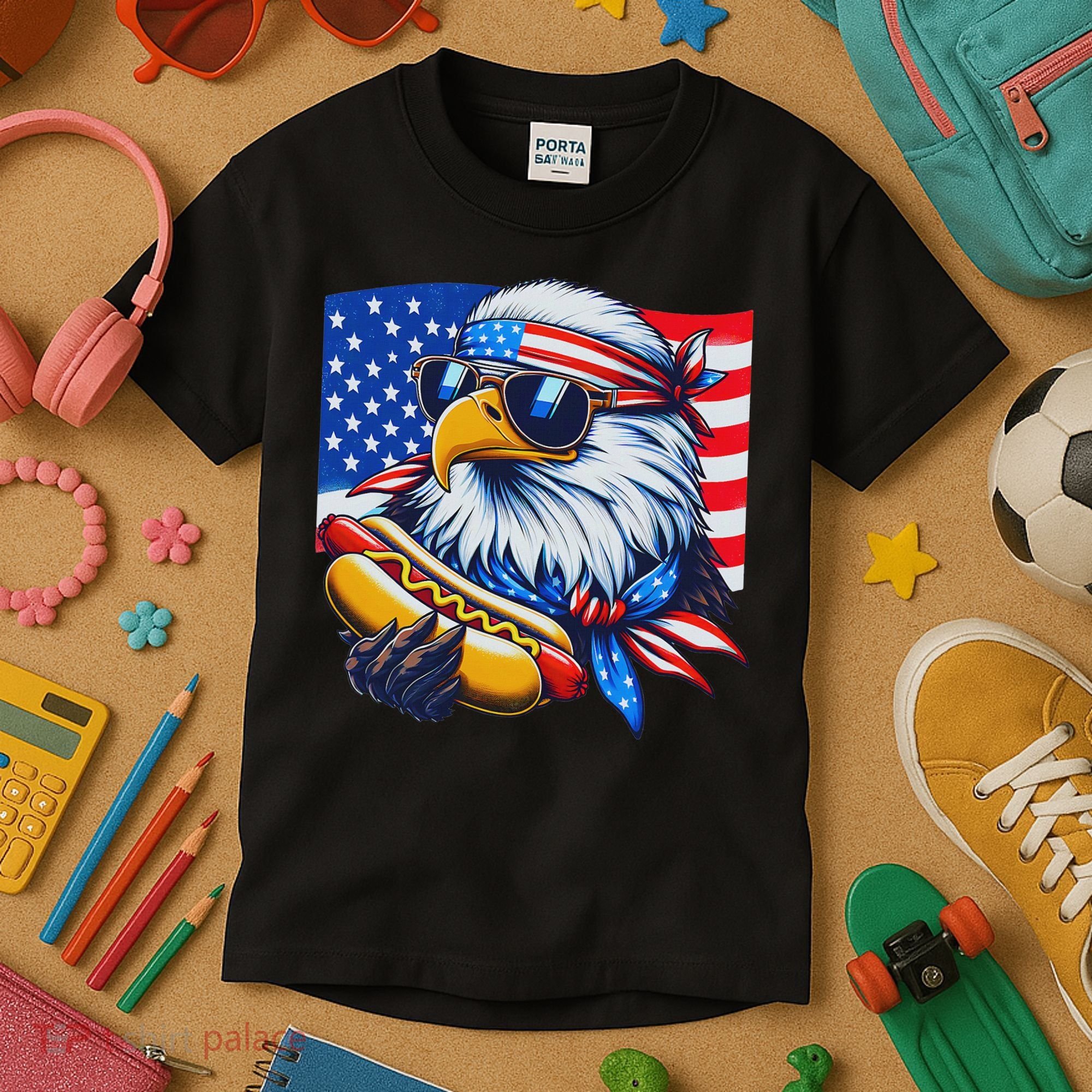 Funny Bald Eagle Hotdog American Flag 4th Of July Patriotic Kids T-Shirt