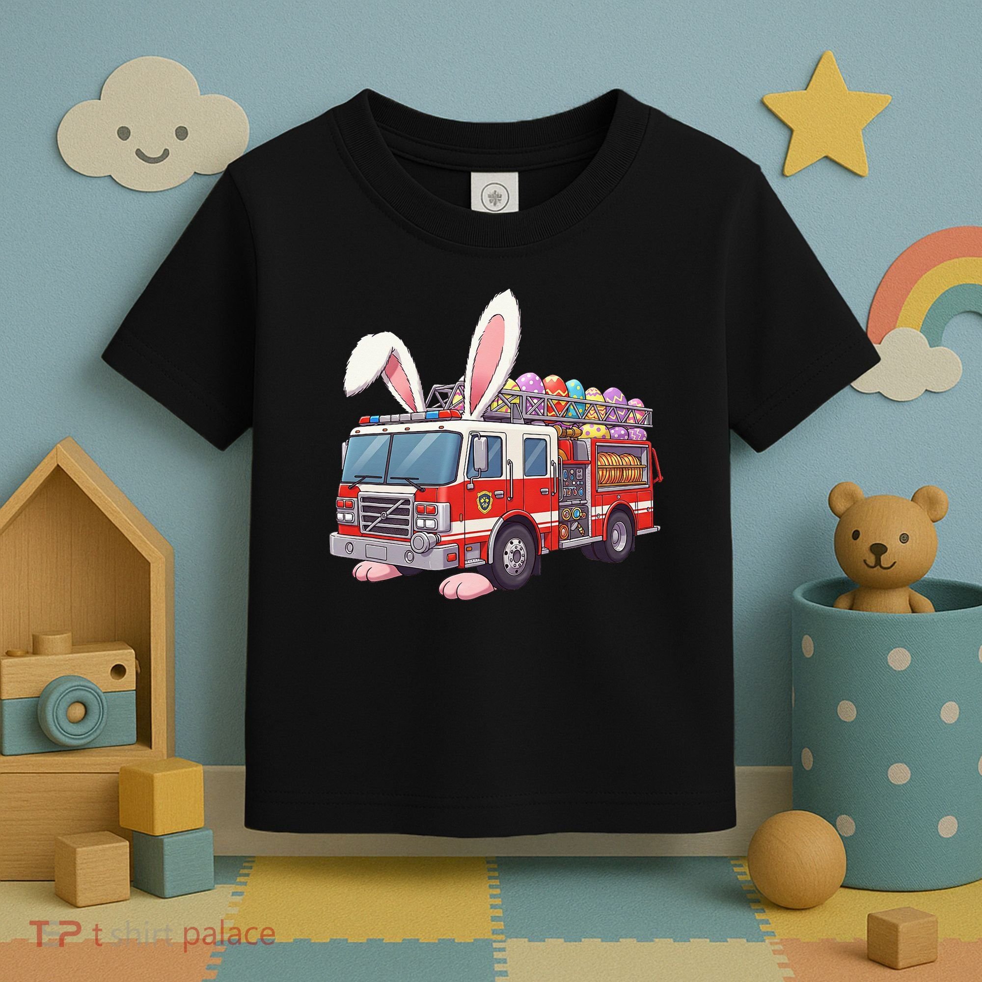 Firetruck Bunny Easter Easter Day Firefighter Toddler T-Shirt