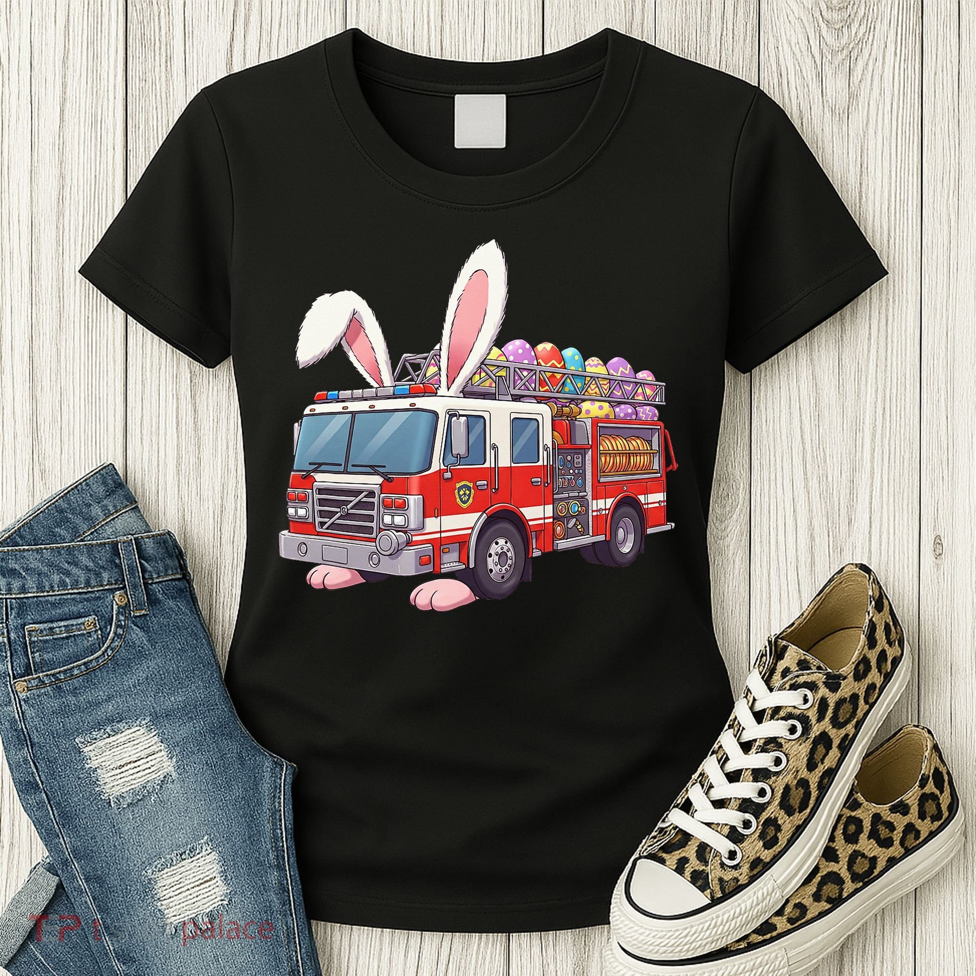 Firetruck Bunny Easter Easter Day Firefighter Women's T-Shirt