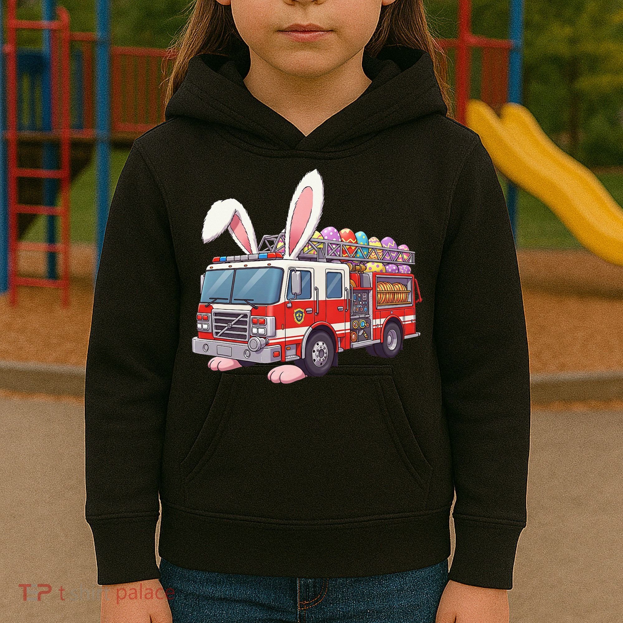 Firetruck Bunny Easter Easter Day Firefighter Kids Hoodie