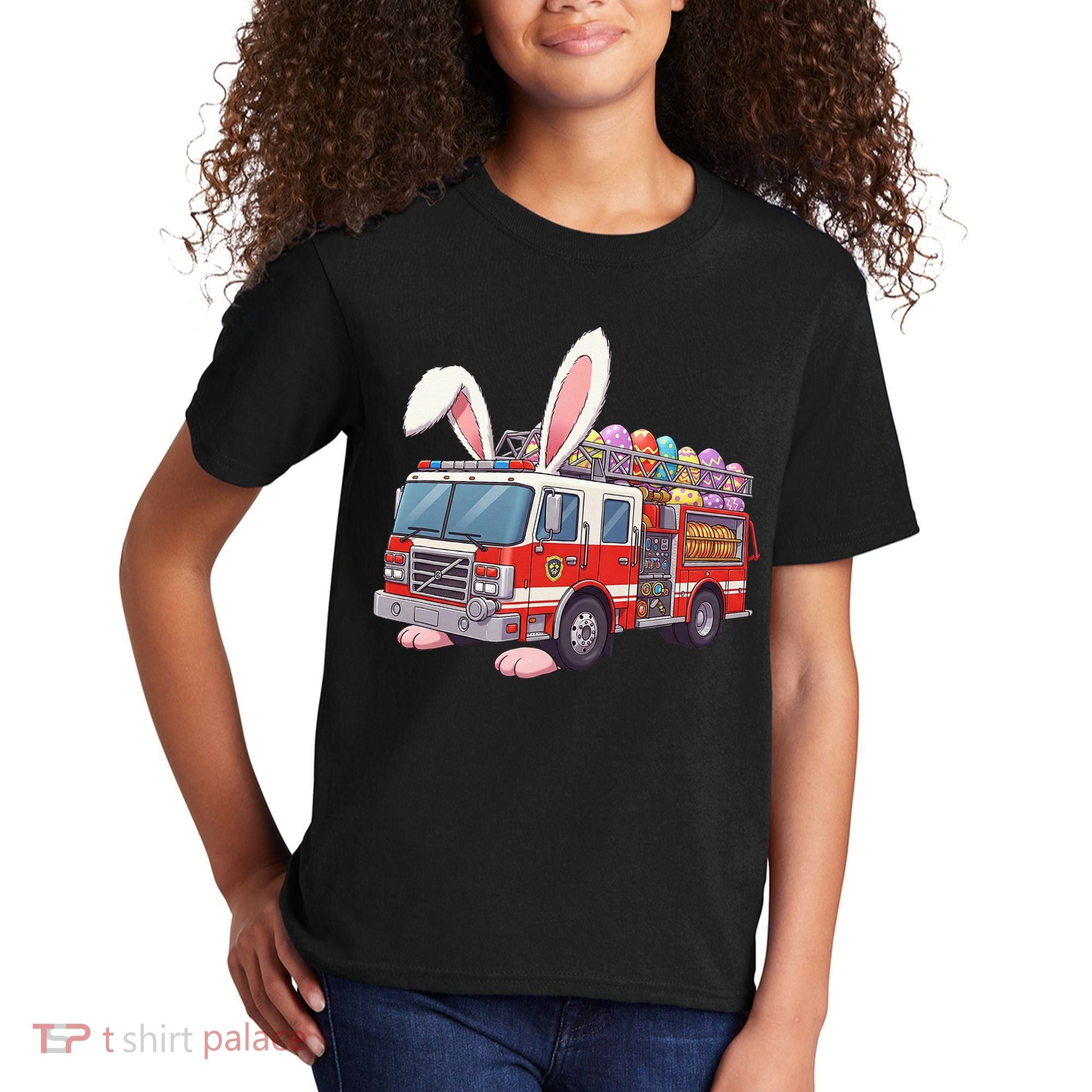 Firetruck Bunny Easter Easter Day Firefighter Kids T-Shirt