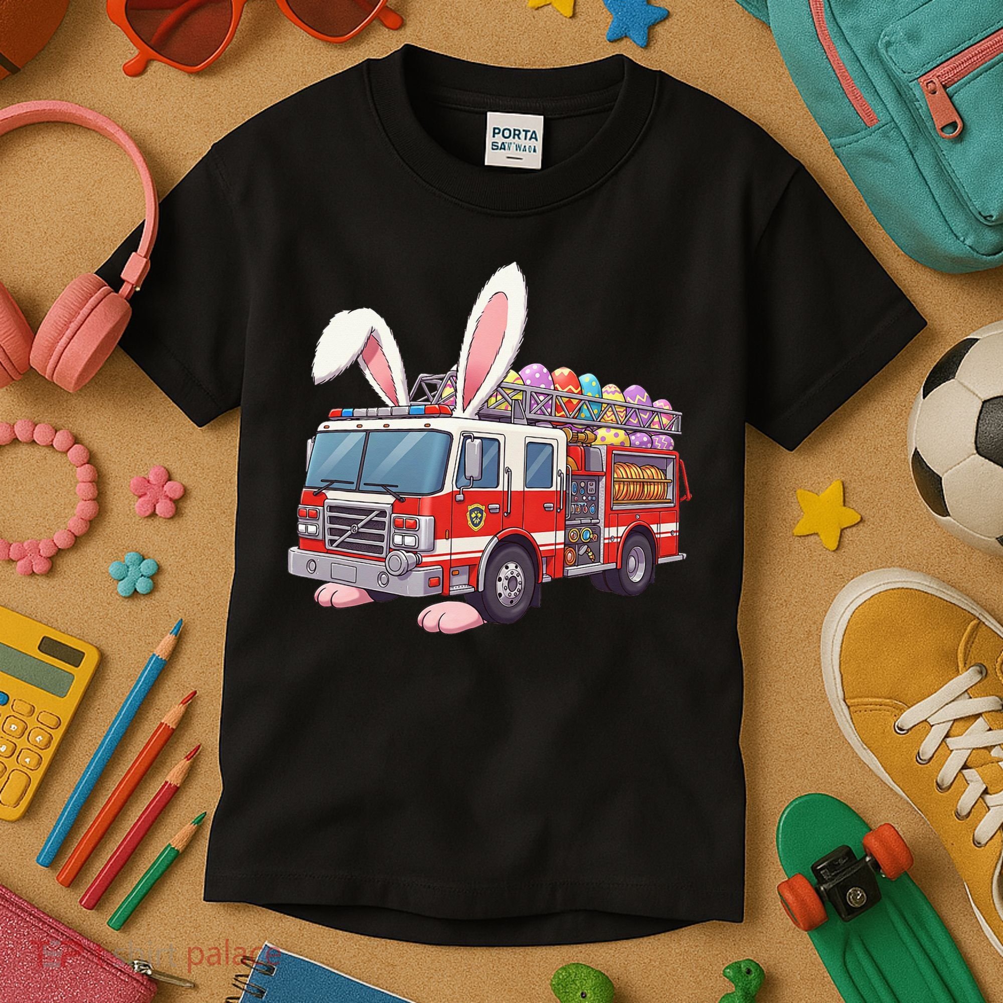 Firetruck Bunny Easter Easter Day Firefighter Kids T-Shirt